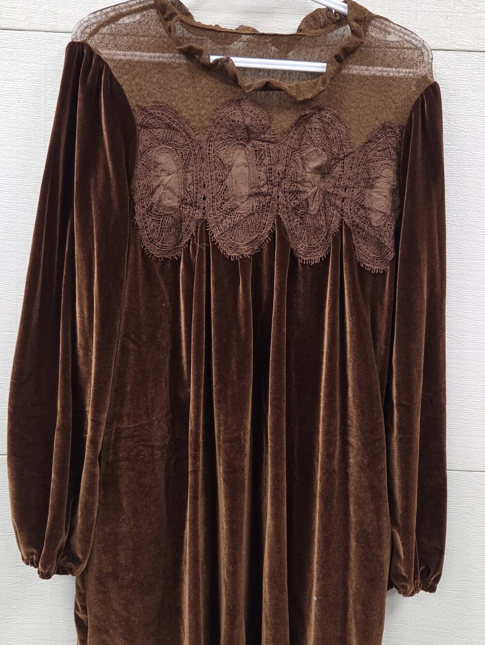 Brown Stretch Velvet Lace Yoke Mini Dress Medium - Picture 4 of 9